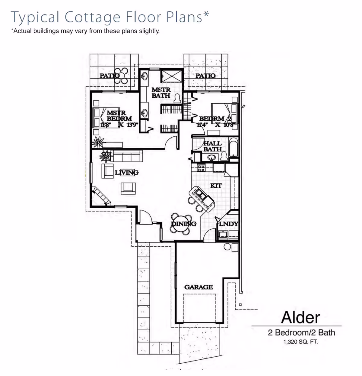 Black-and-white floor plan labeled "Alder" showing a two-bedroom, two-bath cottage layout with living room, kitchen, garage and patios.