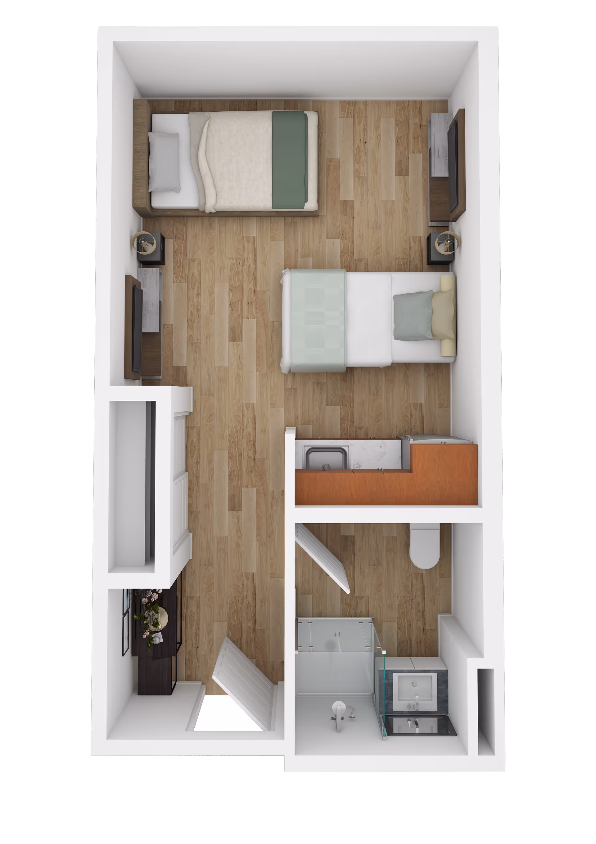 Top-down view of a small apartment floor plan featuring two single beds with bedside tables and lamps, a kitchenette with a sink and refrigerator, and a bathroom with a shower, toilet, and sink. The flooring is wood, and there is a small entryway with a table and plant.