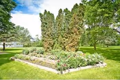 A landscaped garden area with a raised flower bed containing various plants and flowers, surrounded by green grass and tall trees in the background under a partly cloudy sky.
