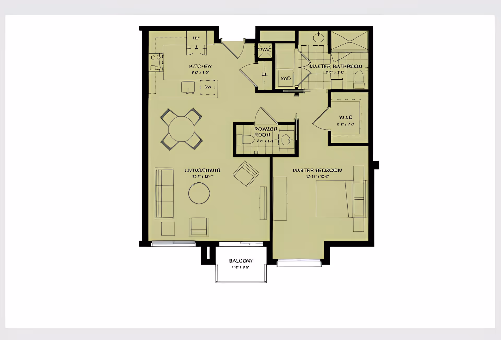 Floor plan of a senior living apartment unit showing a kitchen, dining area with a round table and four chairs, living room with sofa and chairs, master bedroom with a bed and dresser, master bathroom with a shower and toilet, a powder room, a walk-in closet, and a balcony.