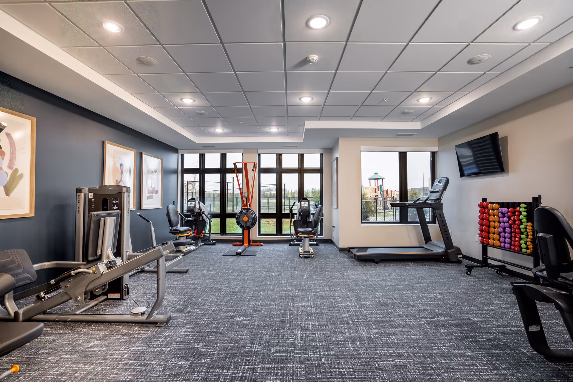 Well-equipped fitness room with cardio and strength machines, colorful dumbbells, and large windows overlooking the grounds.