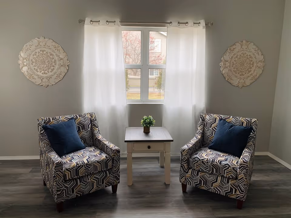 Two patterned armchairs with blue pillows flank a small table holding a potted plant in front of a curtained window.