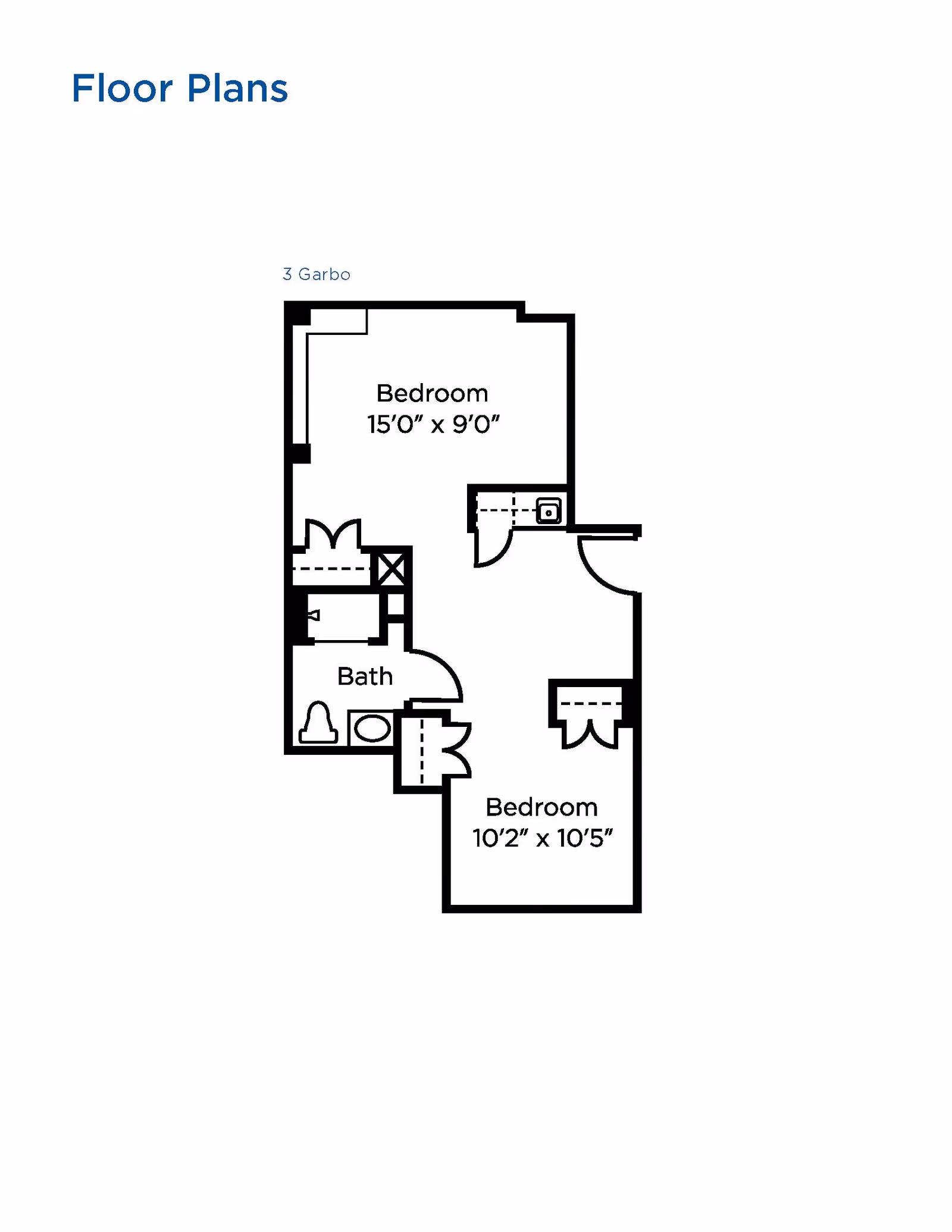 Floor plan layout showing two bedrooms and one bathroom. The larger bedroom measures 15 feet by 9 feet, and the smaller bedroom measures 10 feet 2 inches by 10 feet 5 inches. The bathroom is located adjacent to the bedrooms.