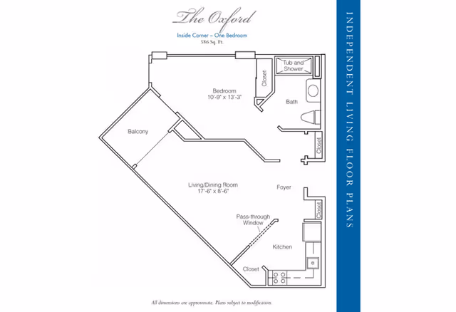 Floor plan of The Oxford, an inside corner one-bedroom apartment with 586 square feet. The layout includes a bedroom with a closet, a bathroom with tub and shower, a living/dining room area, a kitchen with a pass-through window and closet, a foyer, and a balcony.