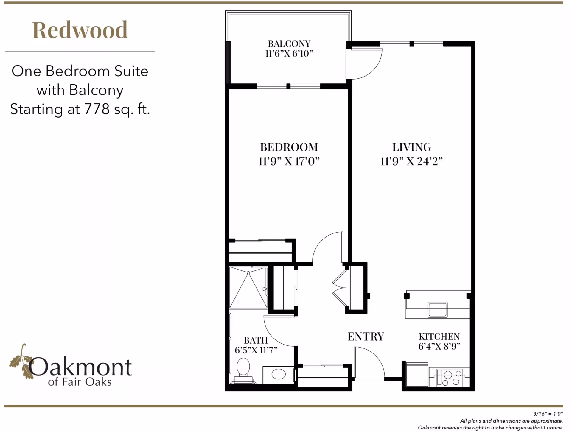 Floor plan for Redwood, a one bedroom suite with balcony at Oakmont of Fair Oaks, showing a bedroom, living room, kitchen, bathroom, entry, and balcony with dimensions.