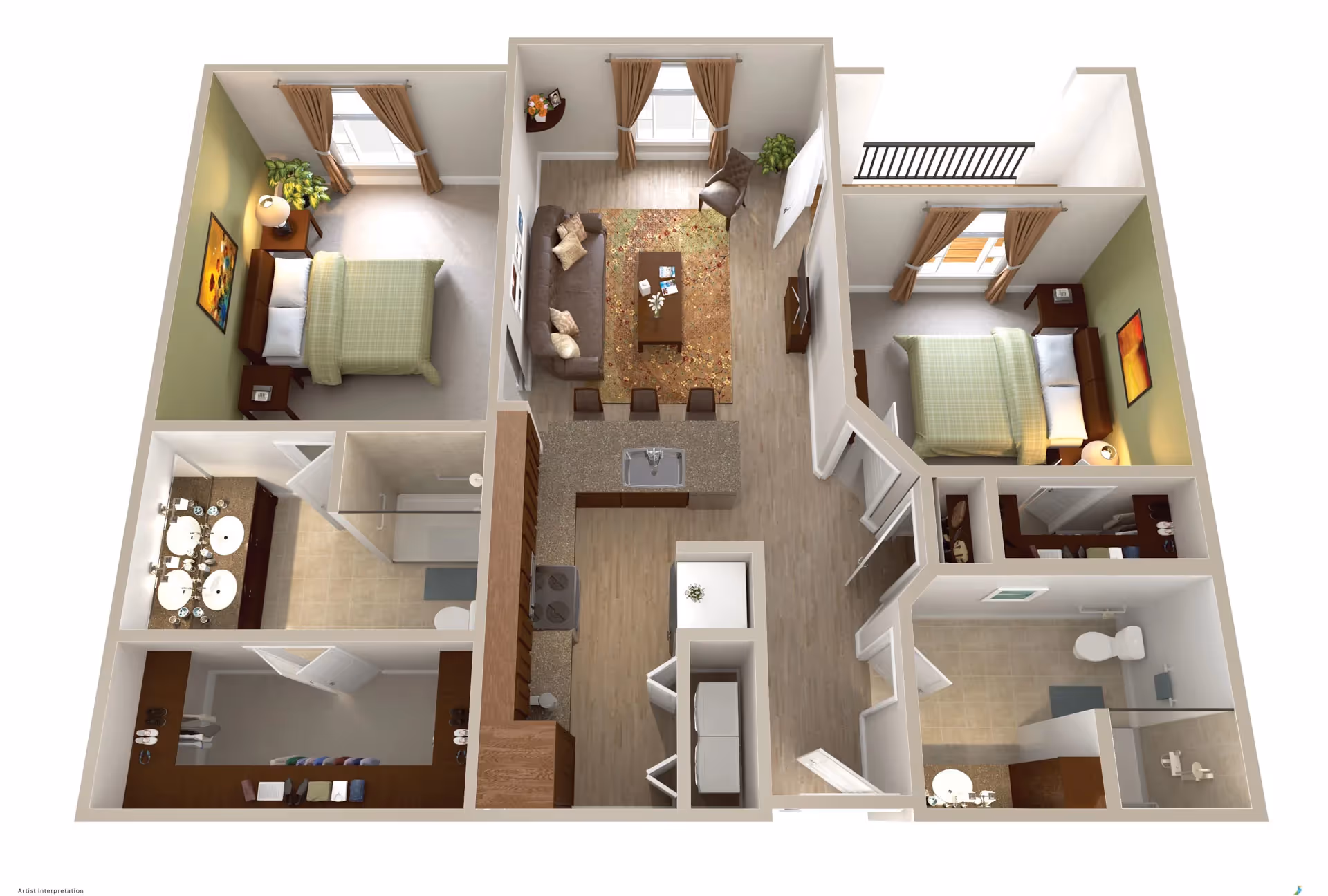 3D floor plan of a senior living apartment featuring two bedrooms with beds and nightstands, two bathrooms with sinks, toilets, and showers, a living room with a sofa, armchair, coffee table, and TV, and a kitchen with an island, sink, stove, and refrigerator. There is also a walk-in closet and a small balcony connected to one bedroom.