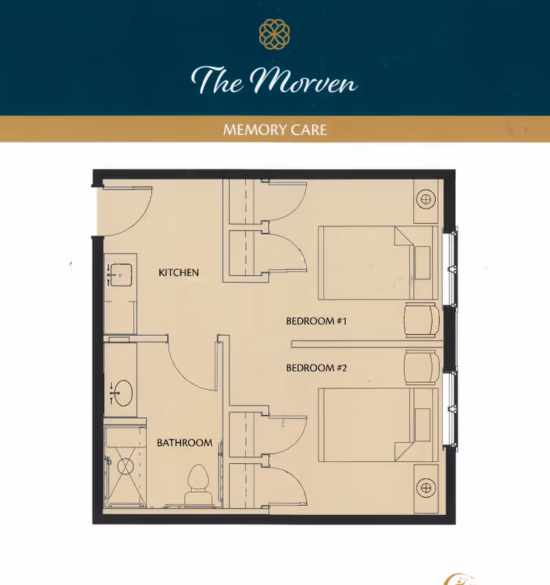 Floor plan diagram titled "The Morven Memory Care" showing a kitchen, bathroom, and two labeled bedrooms.