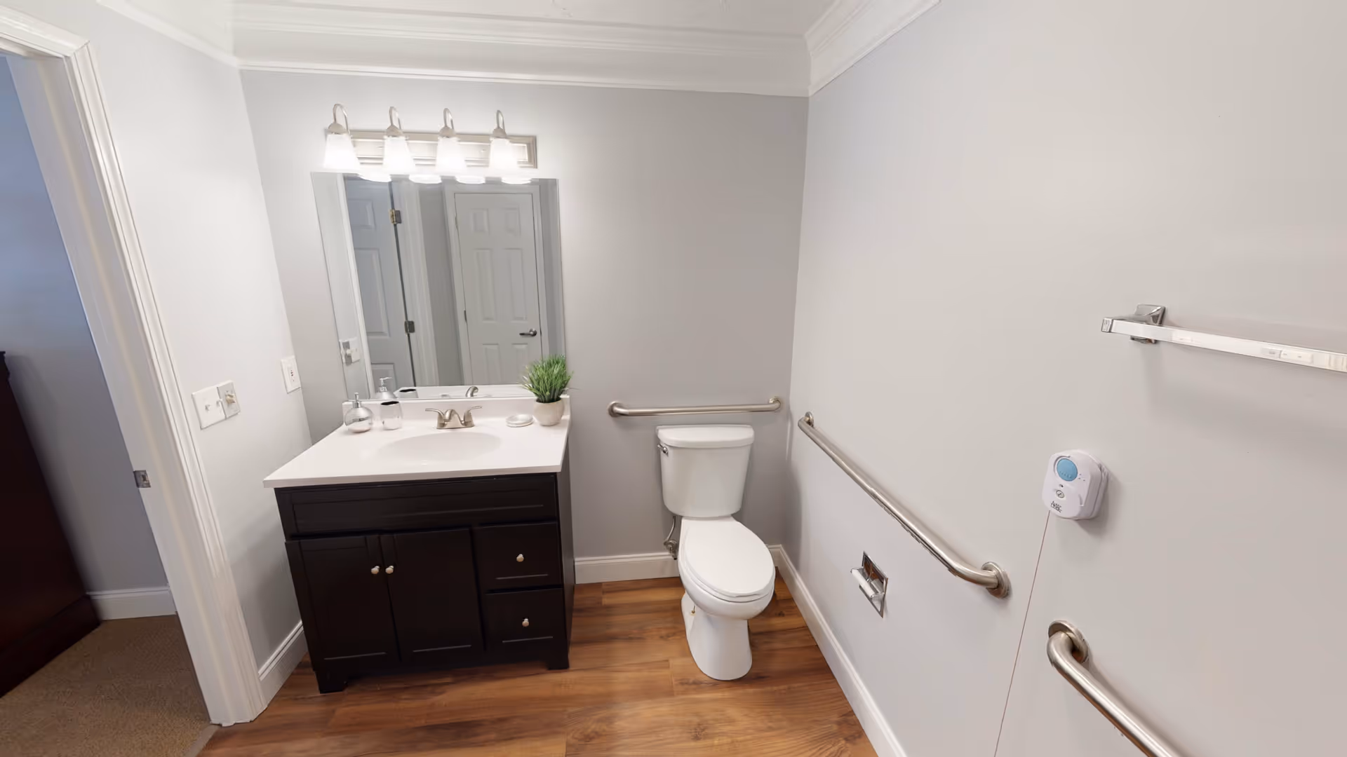 A clean, modern bathroom with light gray walls and wood-look flooring. There is a white toilet with stainless steel grab bars on the walls around it. A dark wood vanity with a white countertop and built-in sink is next to the toilet, topped with a small potted plant and soap dispenser. Above the vanity is a large mirror with four light fixtures mounted above it. A towel rack is mounted on the right wall, and a white door is visible in the reflection of the mirror.