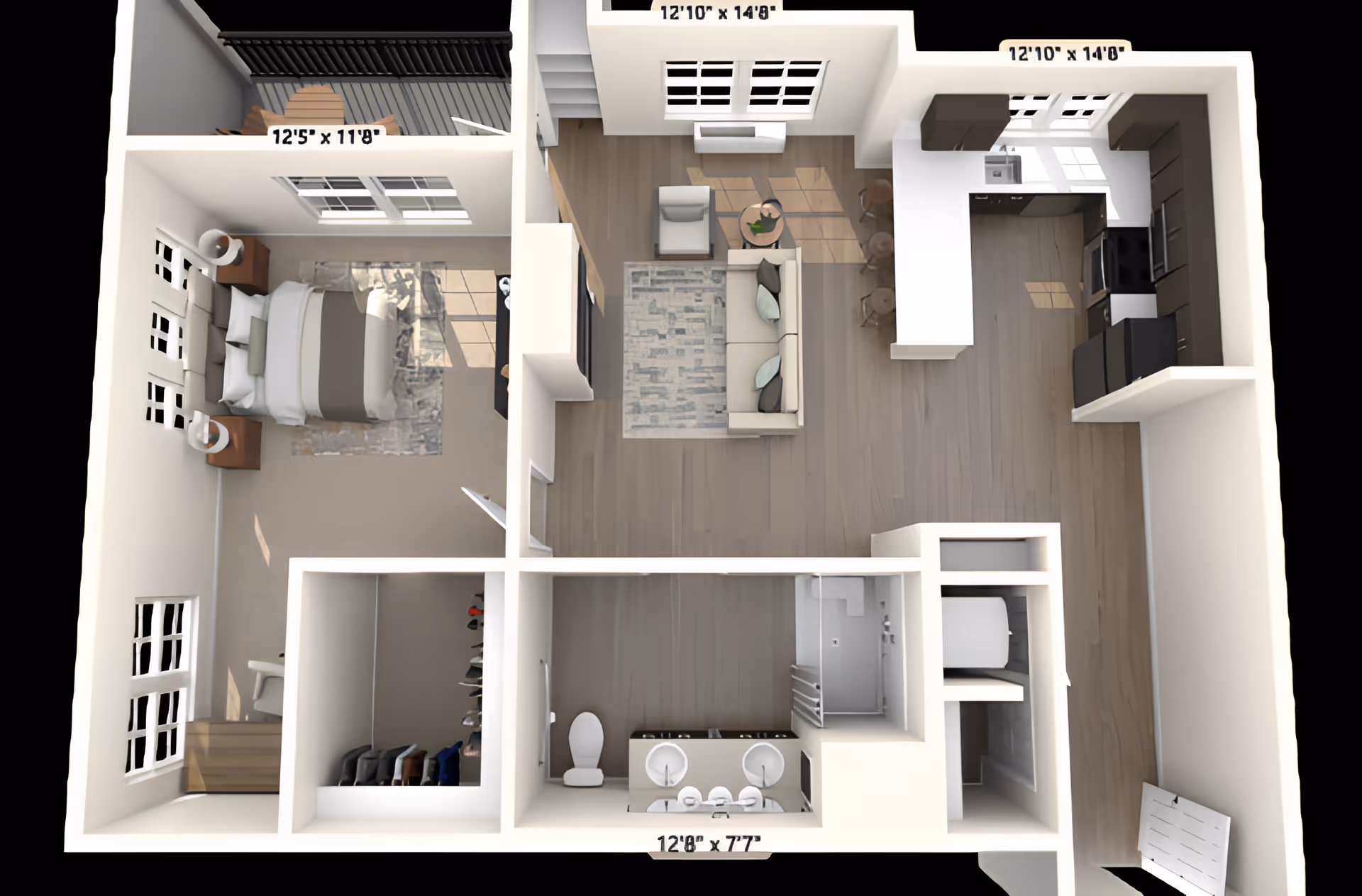 3D floor plan of an apartment unit showing a bedroom with a bed and nightstands, a living room with a sofa and chair, a kitchen with appliances and a breakfast bar, a bathroom with double sinks and a toilet, and a walk-in closet. The layout includes measurements for each room.