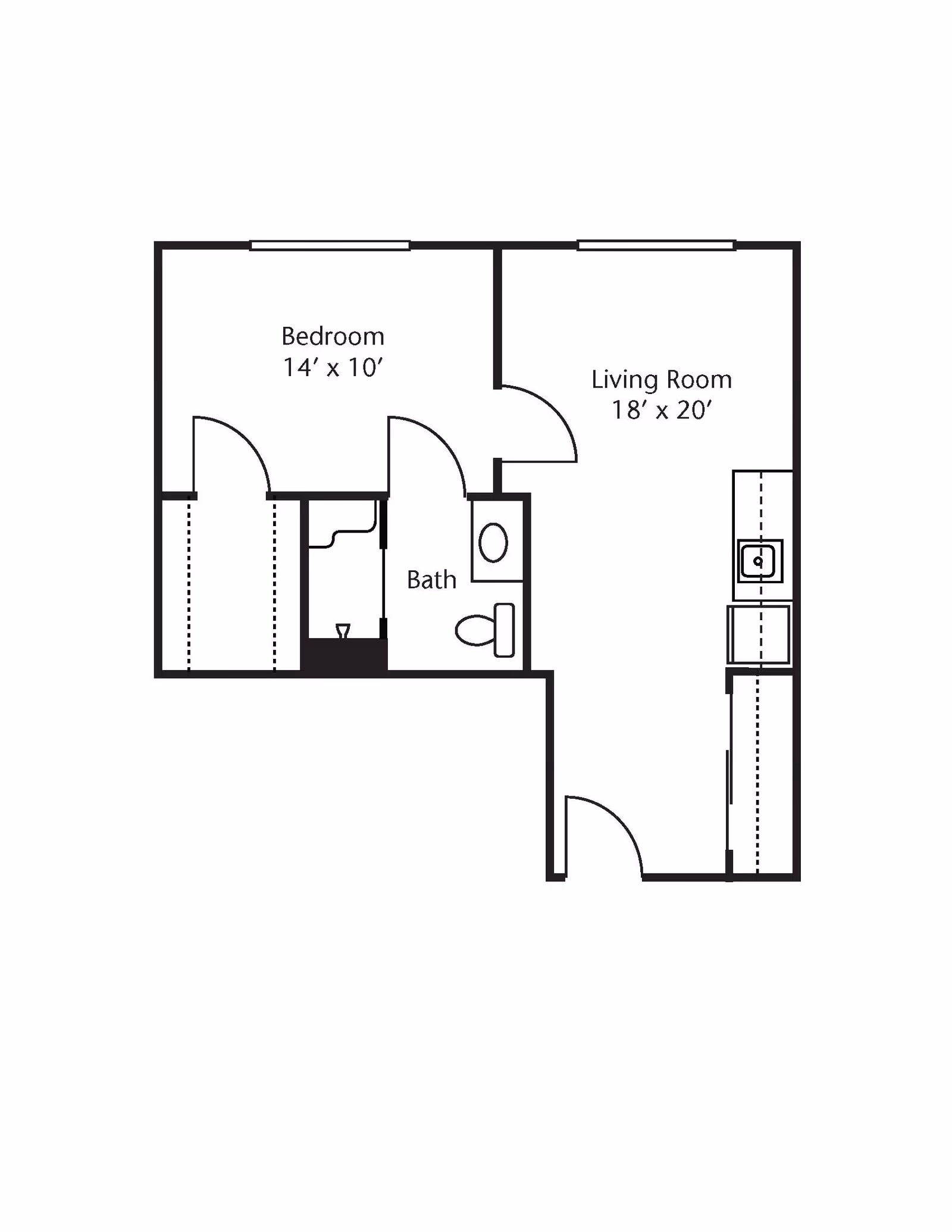 Floor plan of a one-bedroom apartment with a 14 by 10 feet bedroom, a bathroom, and an 18 by 20 feet living room with a kitchen area.
