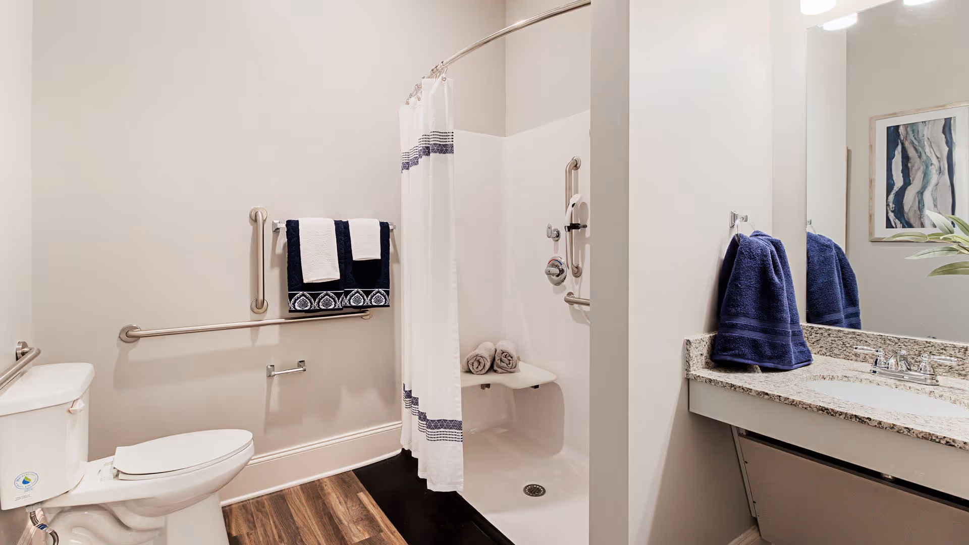 A clean and accessible bathroom featuring a toilet with grab bars, a walk-in shower with a built-in seat and grab bars, a shower curtain with blue accents, and a granite countertop sink with a blue hand towel. The bathroom has light-colored walls, wood-style flooring, and a framed abstract artwork on the wall.