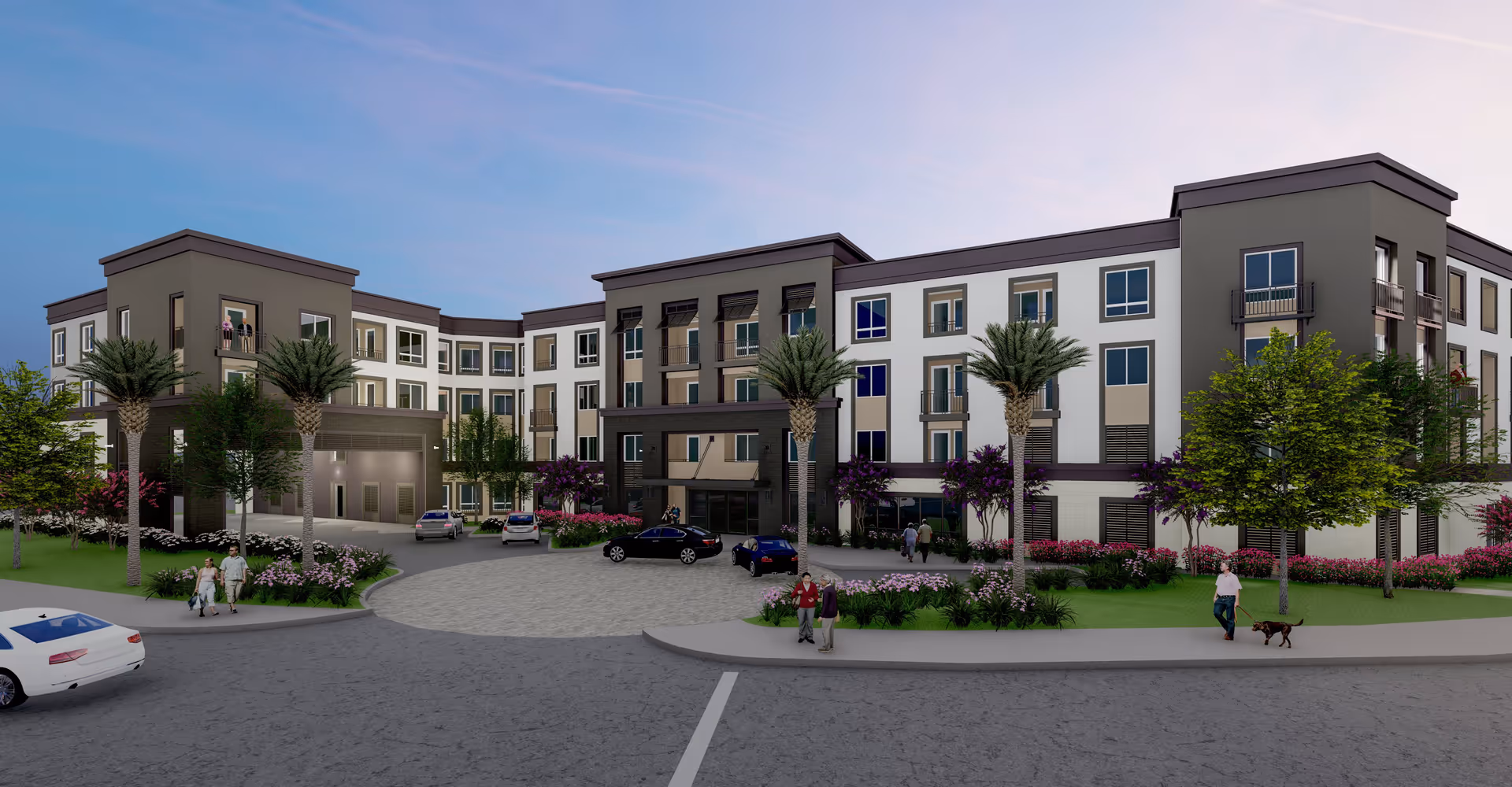 Exterior view of a modern, multi-story senior living facility with landscaped gardens, palm trees, and several people walking and interacting outside. Cars are parked near the entrance under a clear sky.