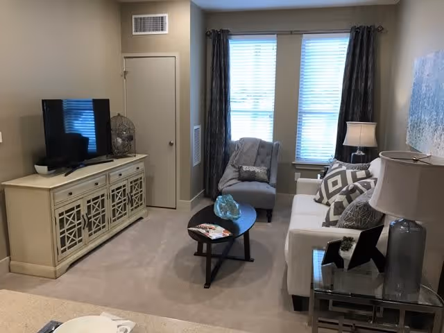 A cozy living room with a beige carpet, a white sofa adorned with patterned cushions, a gray armchair with a throw blanket, a glass side table with a lamp, and a wooden TV stand holding a flat-screen television. Two large windows with dark curtains allow natural light into the room.