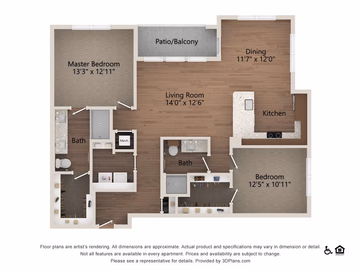 Floor plan of an apartment at Overture Powers Ferry showing a master bedroom, a second bedroom, two bathrooms, a kitchen, dining area, living room, patio/balcony, and mechanical and laundry spaces.