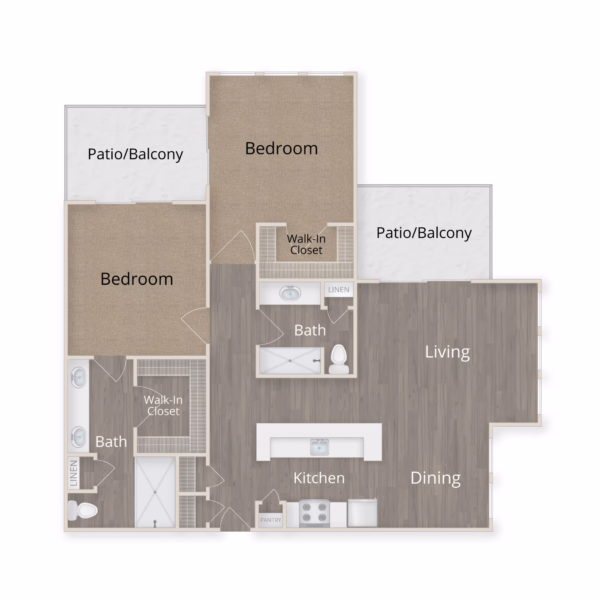 Floor plan of a senior living apartment with two bedrooms, two bathrooms, two patios/balconies, a kitchen, dining area, and living room. Each bedroom has a walk-in closet, and there are linen closets near the bathrooms.