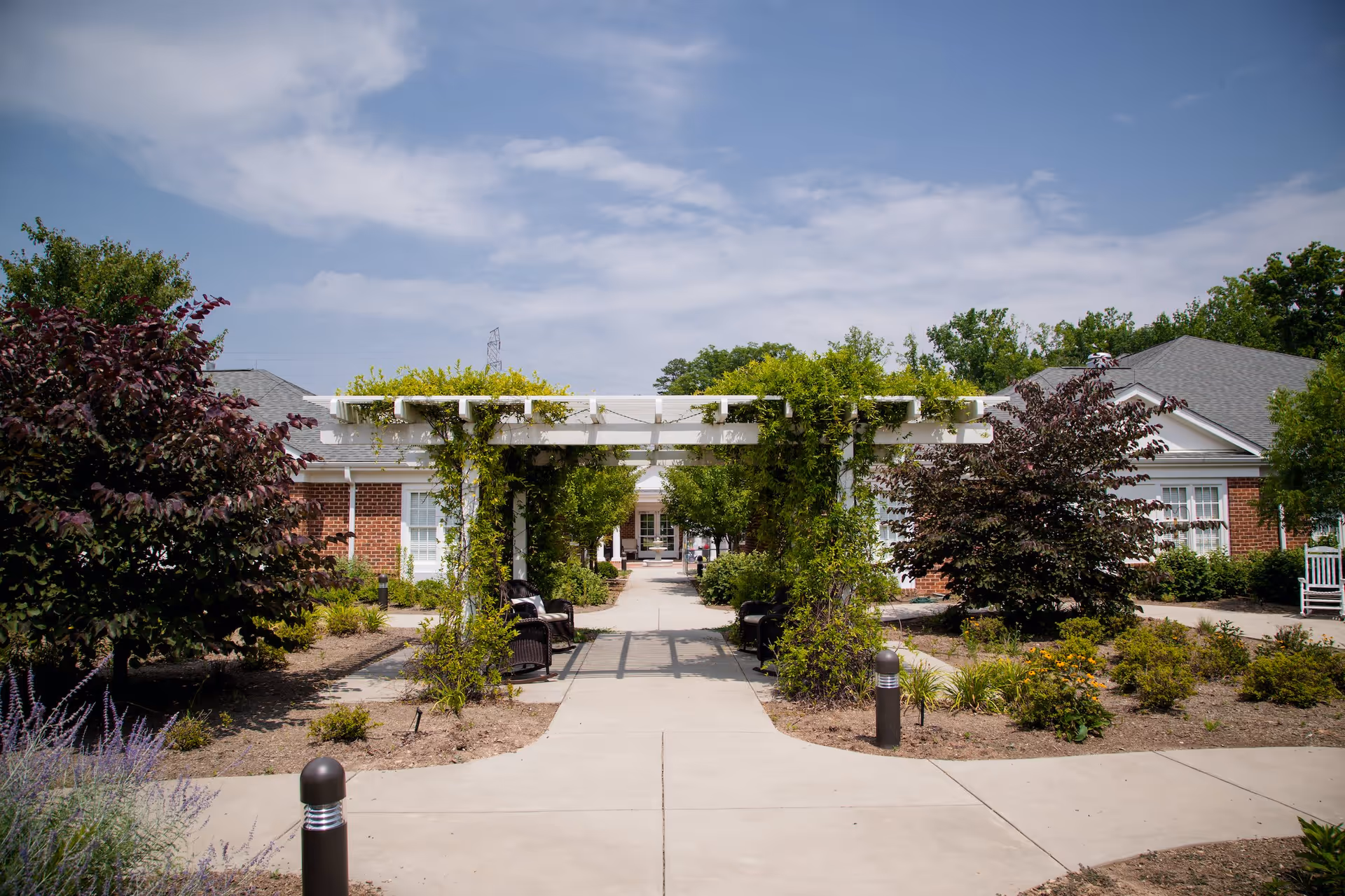 Outdoor pathway with a white pergola covered in green vines, surrounded by landscaped gardens and bushes, leading to brick buildings under a partly cloudy sky.