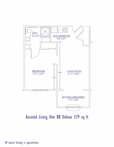 Architectural floor plan of an assisted living one-bedroom deluxe apartment showing a bedroom, living room, kitchenette, bath, and sitting area with room dimensions and total square footage.