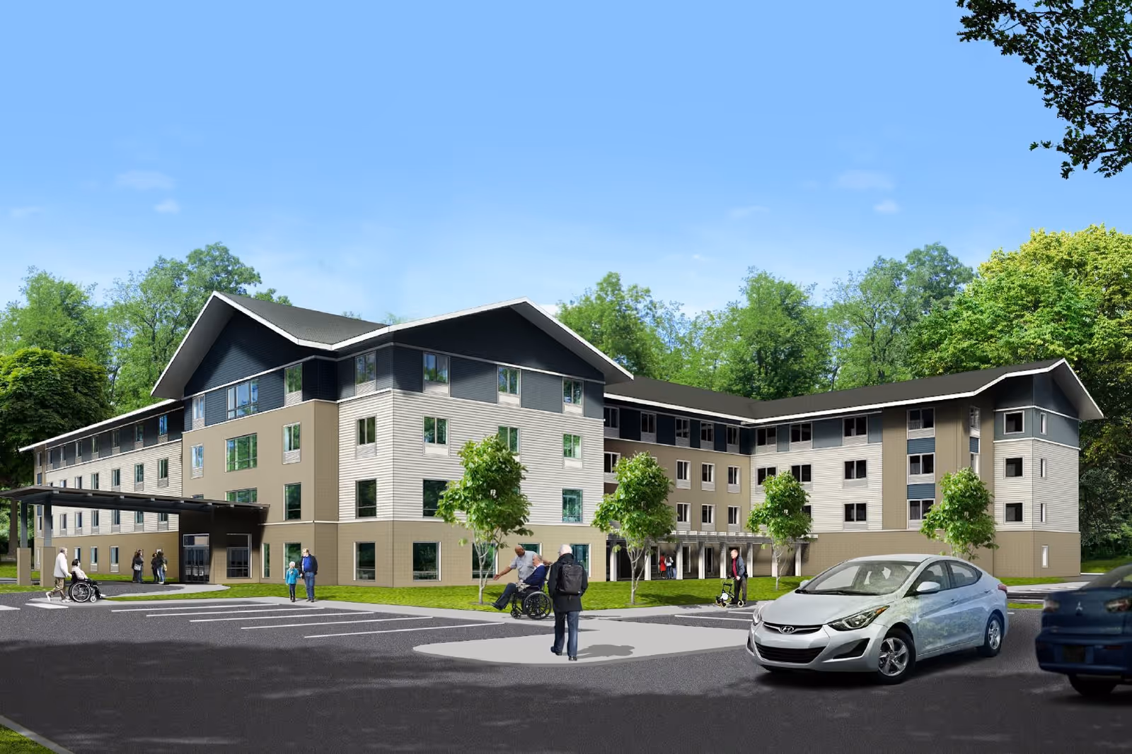 Exterior view of a modern, multi-story senior living facility surrounded by trees and greenery. Several people, including some in wheelchairs, are seen outside near the entrance and parking area with cars parked nearby under a clear blue sky.
