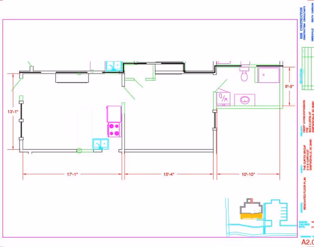 Architectural floor plan showing a layout with dimensions, including a kitchen area with stove and sink, a bathroom with toilet and sink, and other rooms. The plan includes measurements and labels, with a small site map in the bottom right corner.