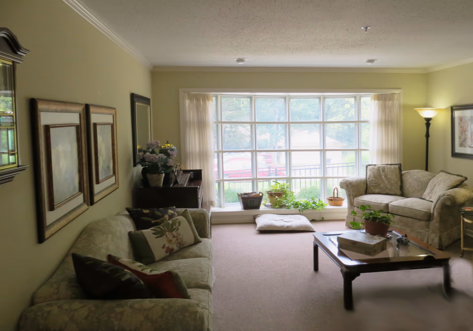 A cozy living room with two floral-patterned sofas, a wooden coffee table with a plant and decorative items, a large window with sheer curtains letting in natural light, several potted plants on the windowsill, framed artwork on the walls, and a floor lamp in the corner.