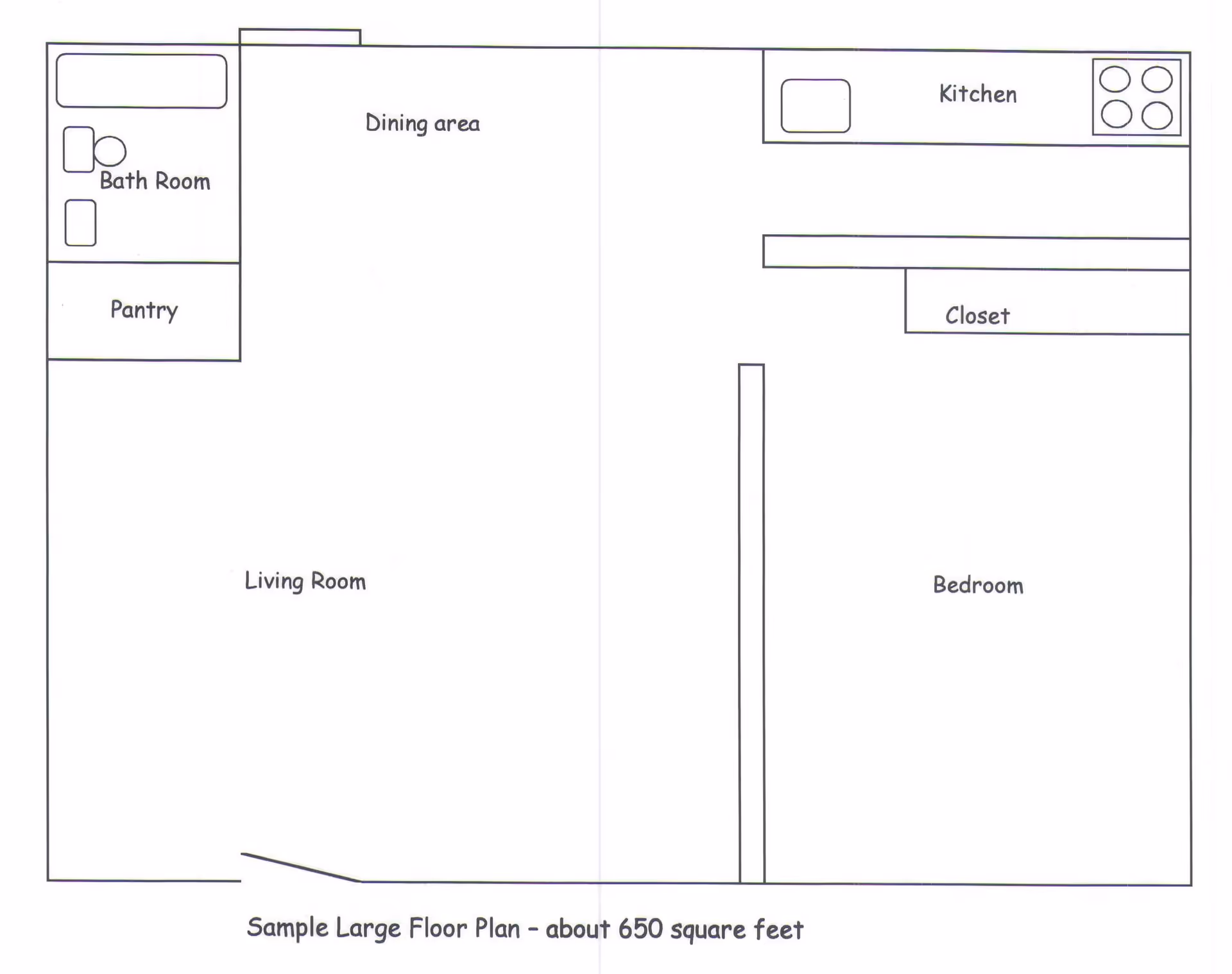 A simple black and white floor plan of a living space about 650 square feet, showing labeled areas including a bathroom, pantry, dining area, living room, kitchen, closet, and bedroom.