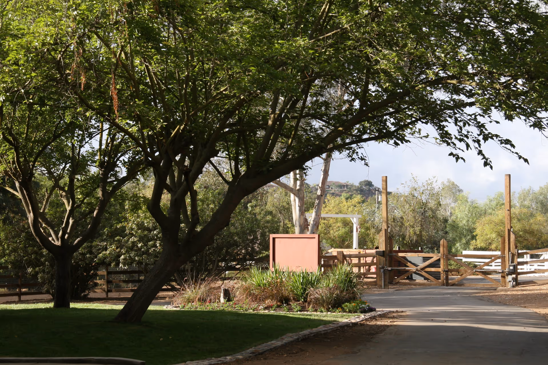 A peaceful outdoor area with large leafy trees providing shade over a well-maintained lawn and garden bed. In the background, there is a wooden gate and fencing, with more trees and greenery beyond. The sky is partly cloudy.