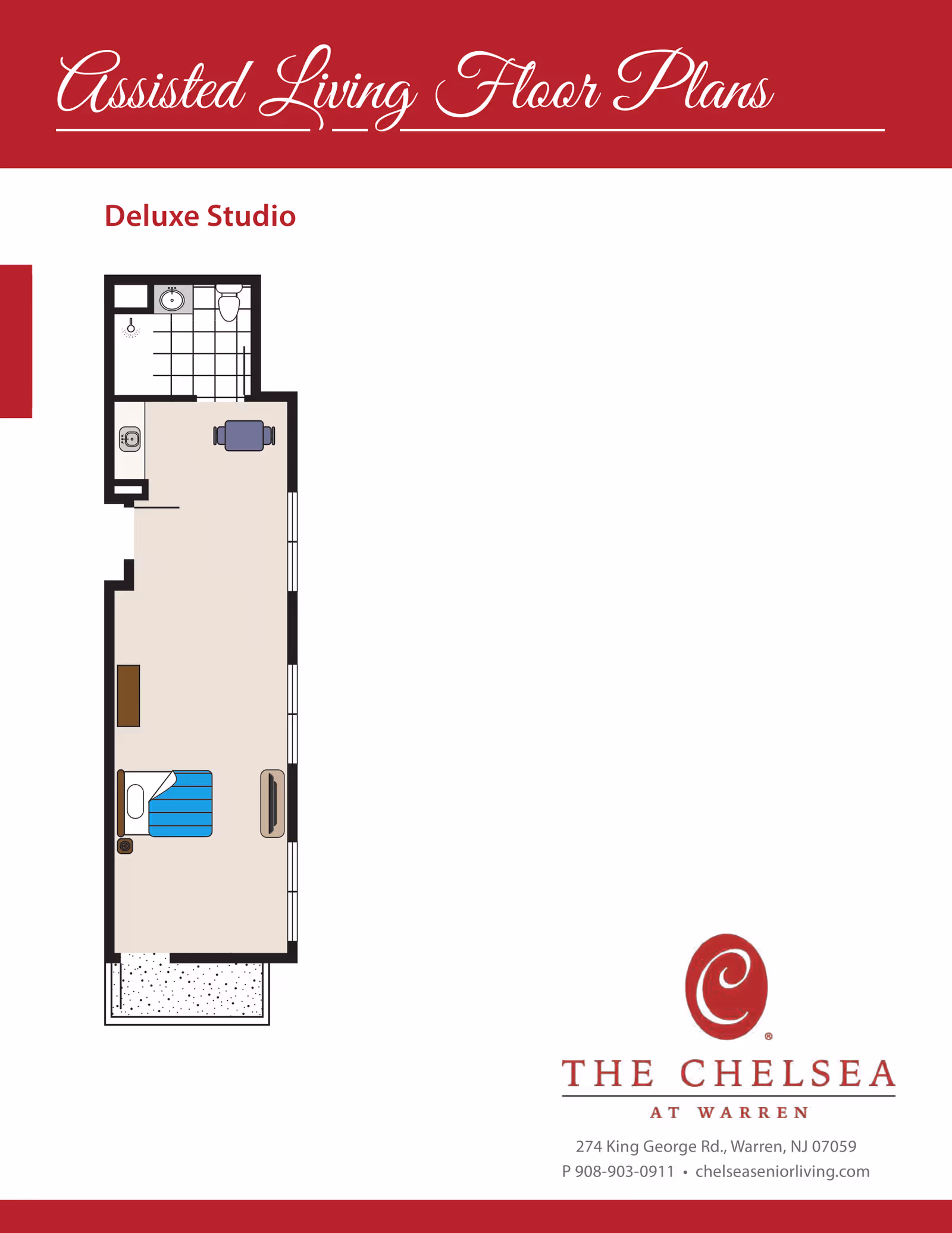 Graphic floor plan of a Deluxe Studio assisted living apartment showing a bathroom, kitchenette, bed and living area with The Chelsea at Warren logo.