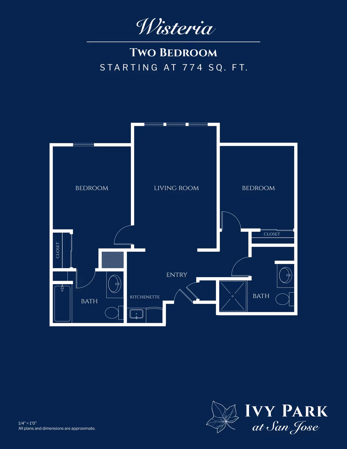 Floor plan of Wisteria two-bedroom apartment at Ivy Park at San Jose, showing two bedrooms, two bathrooms, a living room, kitchenette, closets, and entry area, with a total area starting at 774 square feet.