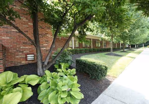 Brick senior living facility exterior with trees, shrubs, and a sidewalk along landscaped grounds.