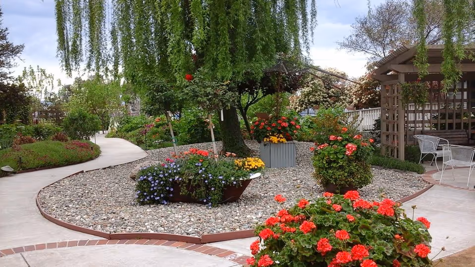 A well-maintained garden area with a curved concrete pathway surrounded by various colorful flowers and plants. There is a wooden pergola with white metal chairs and a table on the right side, and a tree with hanging branches in the center. The garden features decorative stones and lush greenery under a partly cloudy sky.