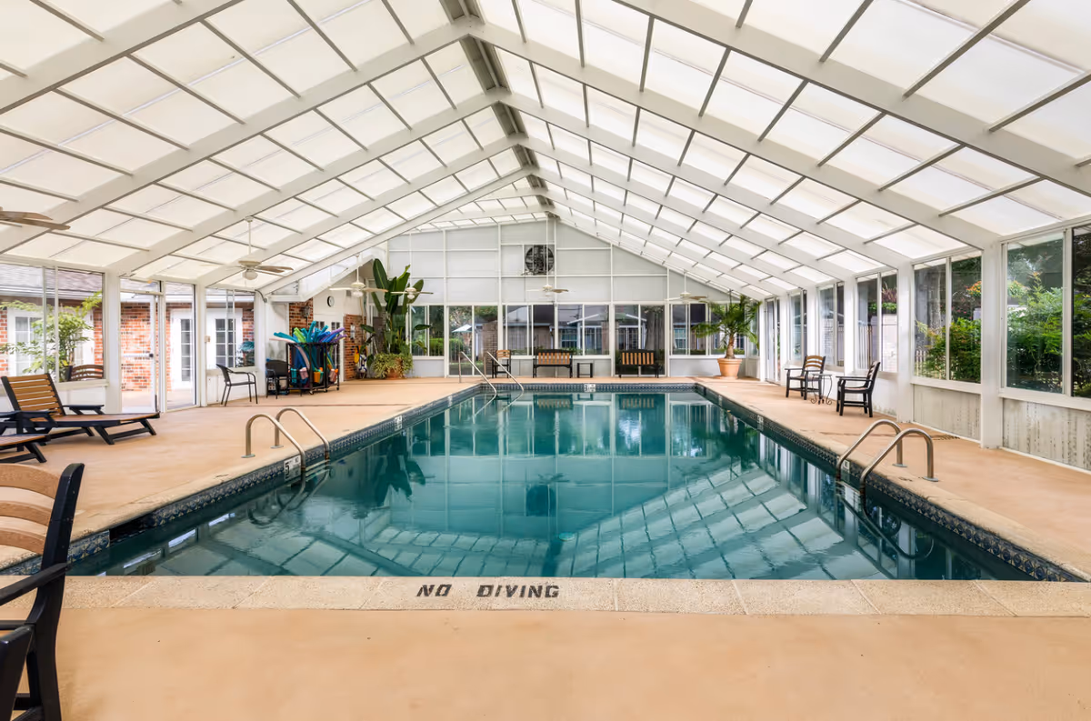 Indoor swimming pool with a high, white, translucent ceiling and large windows on both sides. The pool area has several chairs and benches around it, potted plants, and pool equipment in the corner. The words 'NO DIVING' are marked on the pool edge.