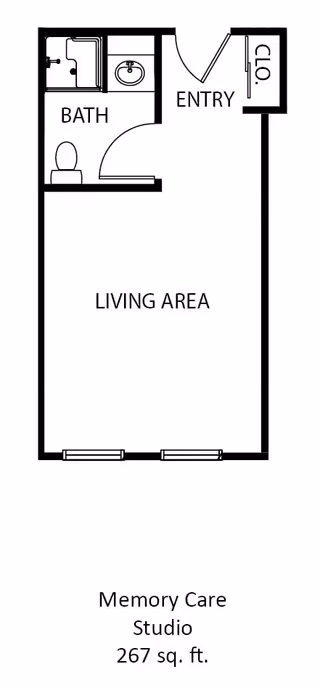 Floor plan of a memory care studio apartment at Canton Regency, showing an entry area with a closet, a bathroom with a toilet, sink, and shower, and a living area. The total area is 267 square feet.