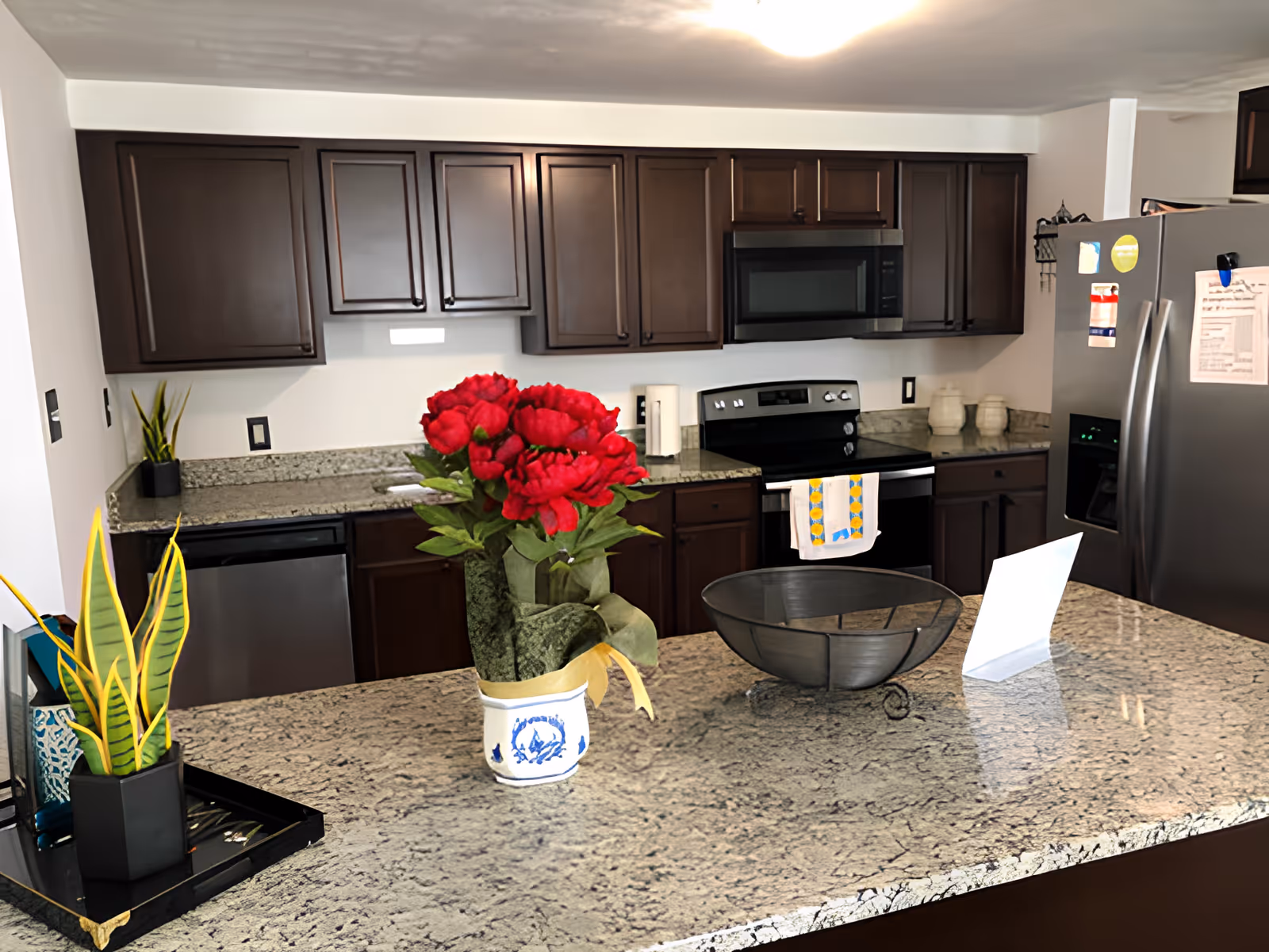 Modern kitchen with dark wood cabinets, granite countertops, stainless steel appliances including a refrigerator, microwave, and stove. A vase with red flowers and a decorative bowl are placed on the kitchen island. There are also two small potted plants on the counter.
