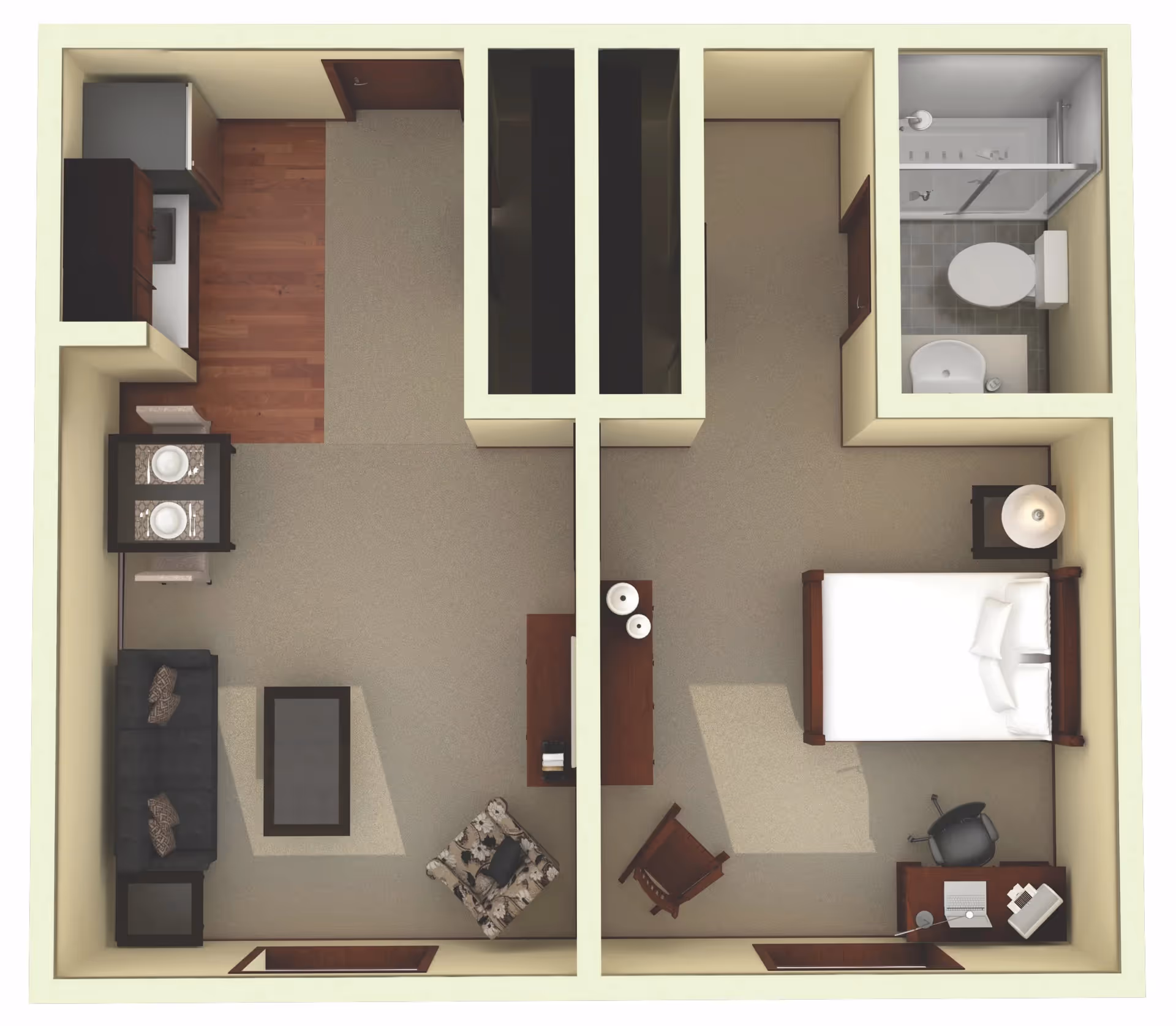 Top-down 3D floor plan of a one-bedroom senior living apartment showing a living room, kitchenette, bedroom, and bathroom.