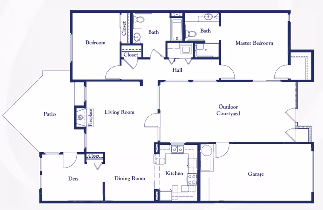 Blueprint-style floor plan of a single-level residence showing labeled rooms including master bedroom, bedroom, living room, dining room, kitchen, den, two baths, garage, patio, and an outdoor courtyard.