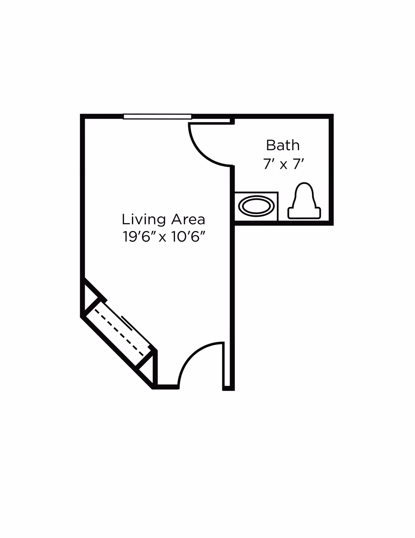 Floor plan showing a living area measuring 19 feet 6 inches by 10 feet 6 inches, connected to a bathroom measuring 7 feet by 7 feet. The bathroom includes a toilet and a sink.