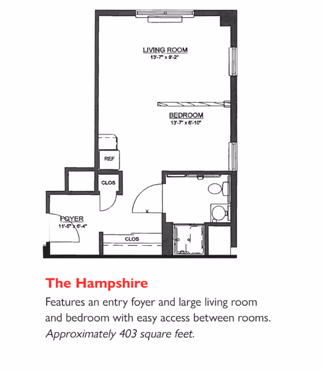 Floor plan of The Hampshire apartment at Berkshire Commons showing an entry foyer, a large living room, a bedroom, a bathroom, closets, and a refrigerator. The living room measures 13 feet 7 inches by 9 feet 2 inches, and the bedroom measures 13 feet 7 inches by 6 feet 10 inches. The total area is approximately 403 square feet.