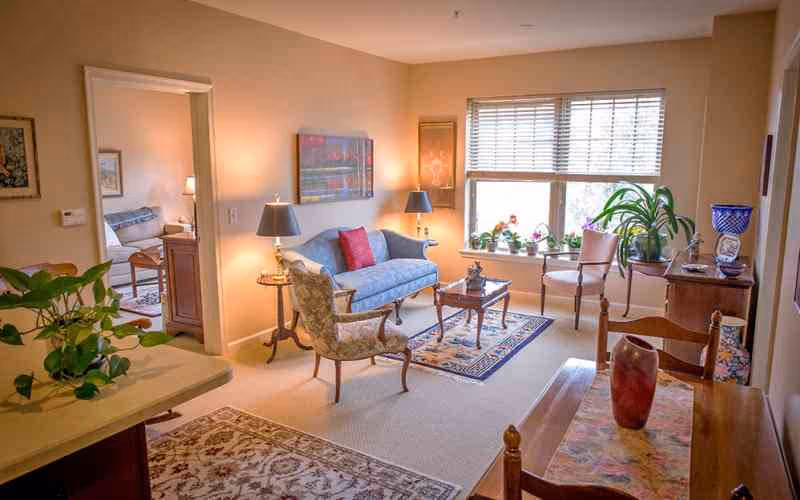 A cozy living room with a blue sofa, two armchairs, a wooden coffee table on a patterned rug, and a large window with blinds and several potted plants on the windowsill. There are two table lamps on either side of the sofa, a wooden sideboard with decorative items, and a dining table with a red vase in the foreground. A doorway leads to a bedroom with a bed and nightstand visible.