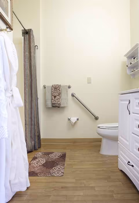 Bright bathroom with shower curtain, towel rack, grab bar, toilet, and vanity.