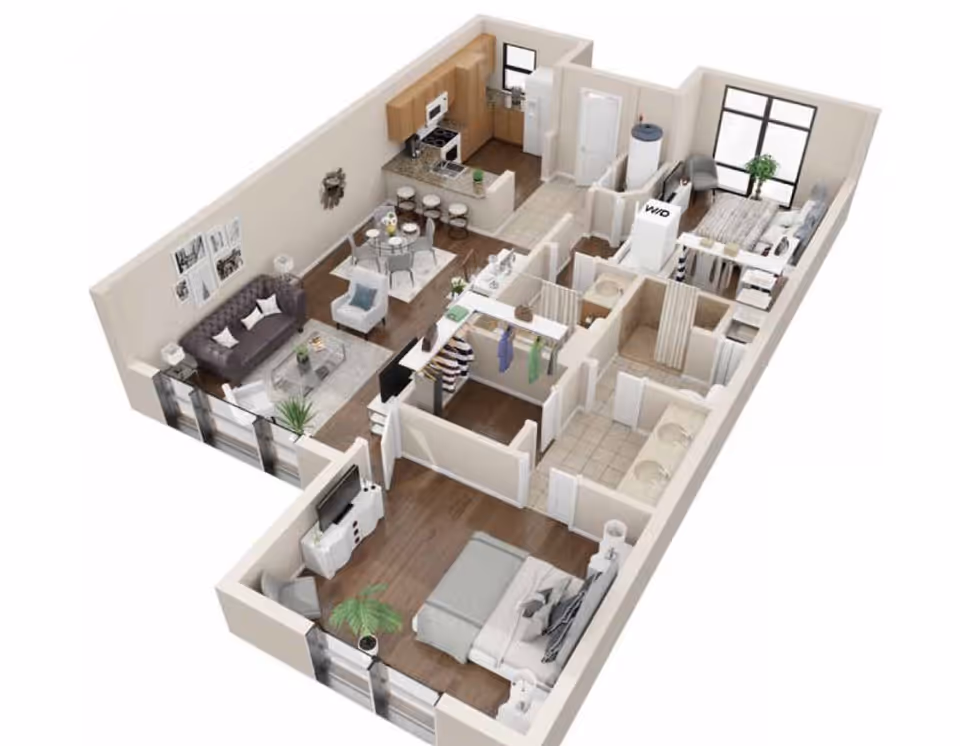 3D floor plan of an apartment featuring two bedrooms, a living room with sofa and chairs, a dining area with a round table and four chairs, a kitchen with appliances and a breakfast bar with stools, two bathrooms, and a laundry area with washer and dryer. The layout shows wood and tile flooring and large windows in the bedrooms and living room.