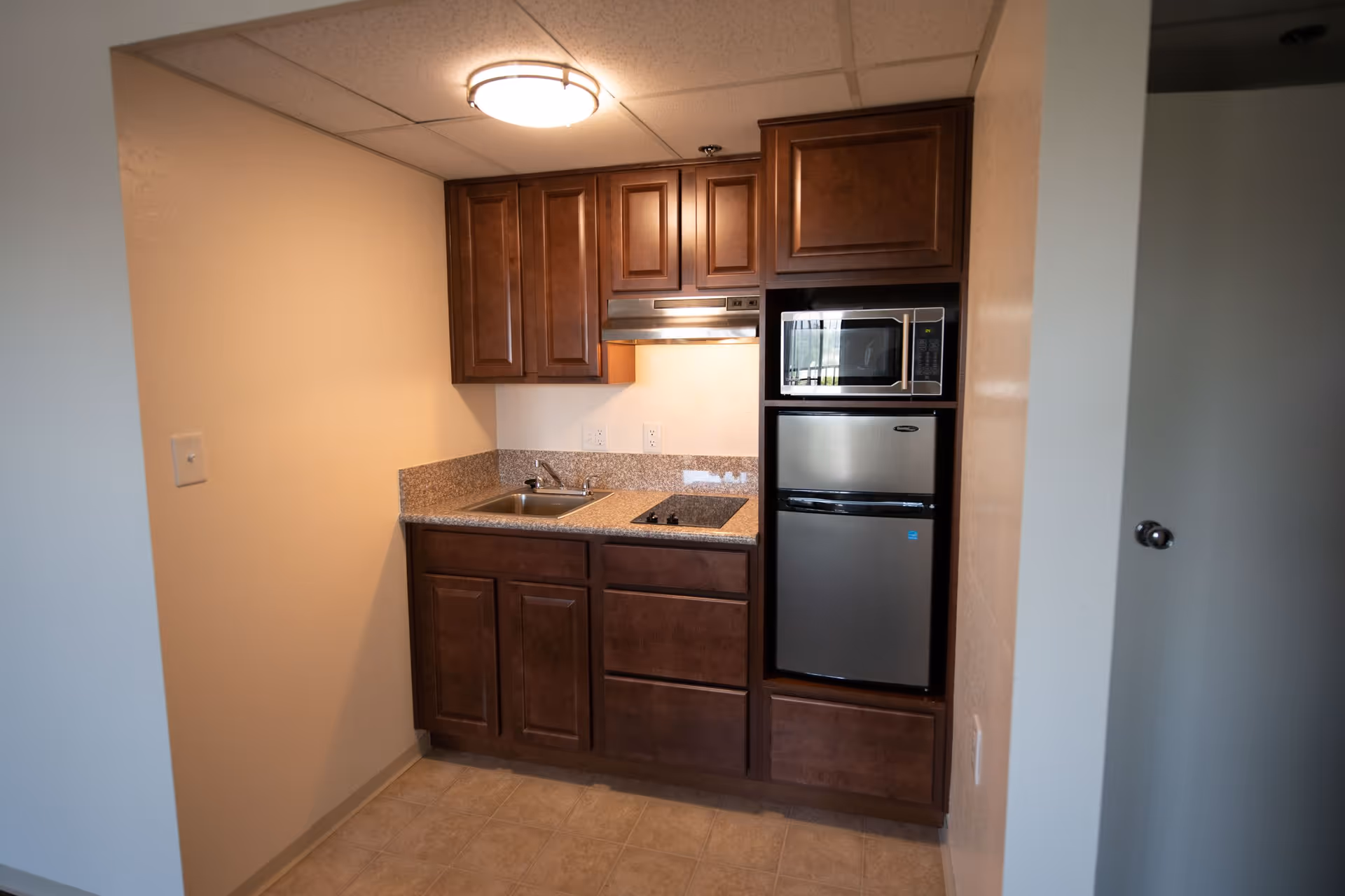 Compact kitchenette with dark wood cabinets, a sink and cooktop, microwave and mini refrigerator beneath a ceiling light.