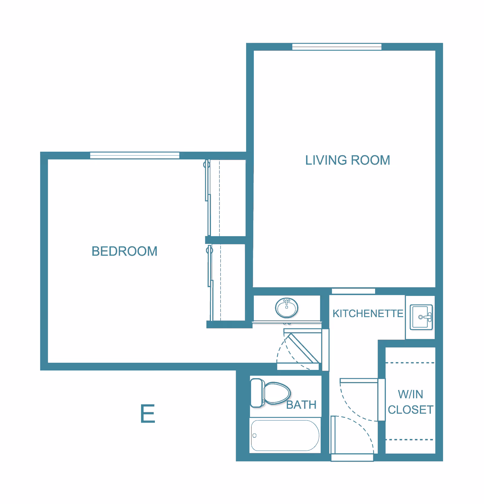 Floor plan layout of a unit at Kamlu Retirement Inn-Vancouver showing a bedroom, living room, kitchenette, bathroom, and walk-in closet.