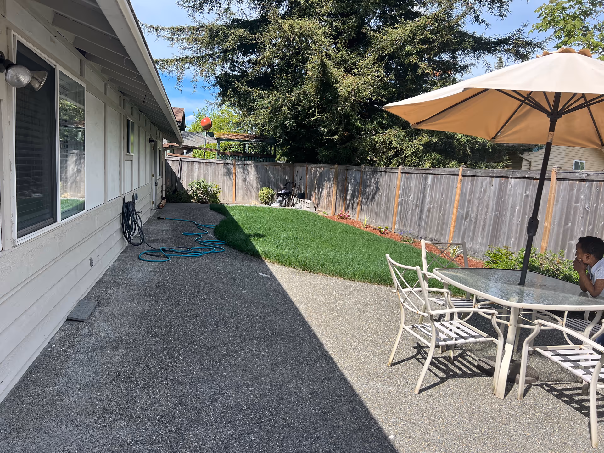 Outdoor patio area with a concrete walkway, green grass lawn, and a wooden fence. There is a glass-top table with white metal chairs and a large beige umbrella providing shade. A person is sitting at the table. The side of a building with windows and a garden hose is visible on the left side.