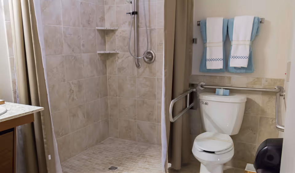 Bathroom with a tiled walk-in shower featuring a handheld showerhead and built-in corner shelves. Next to the shower is a toilet with grab bars on both sides for accessibility. Above the toilet, two sets of folded towels hang on a towel rack. The walls and floor are tiled in neutral tones.