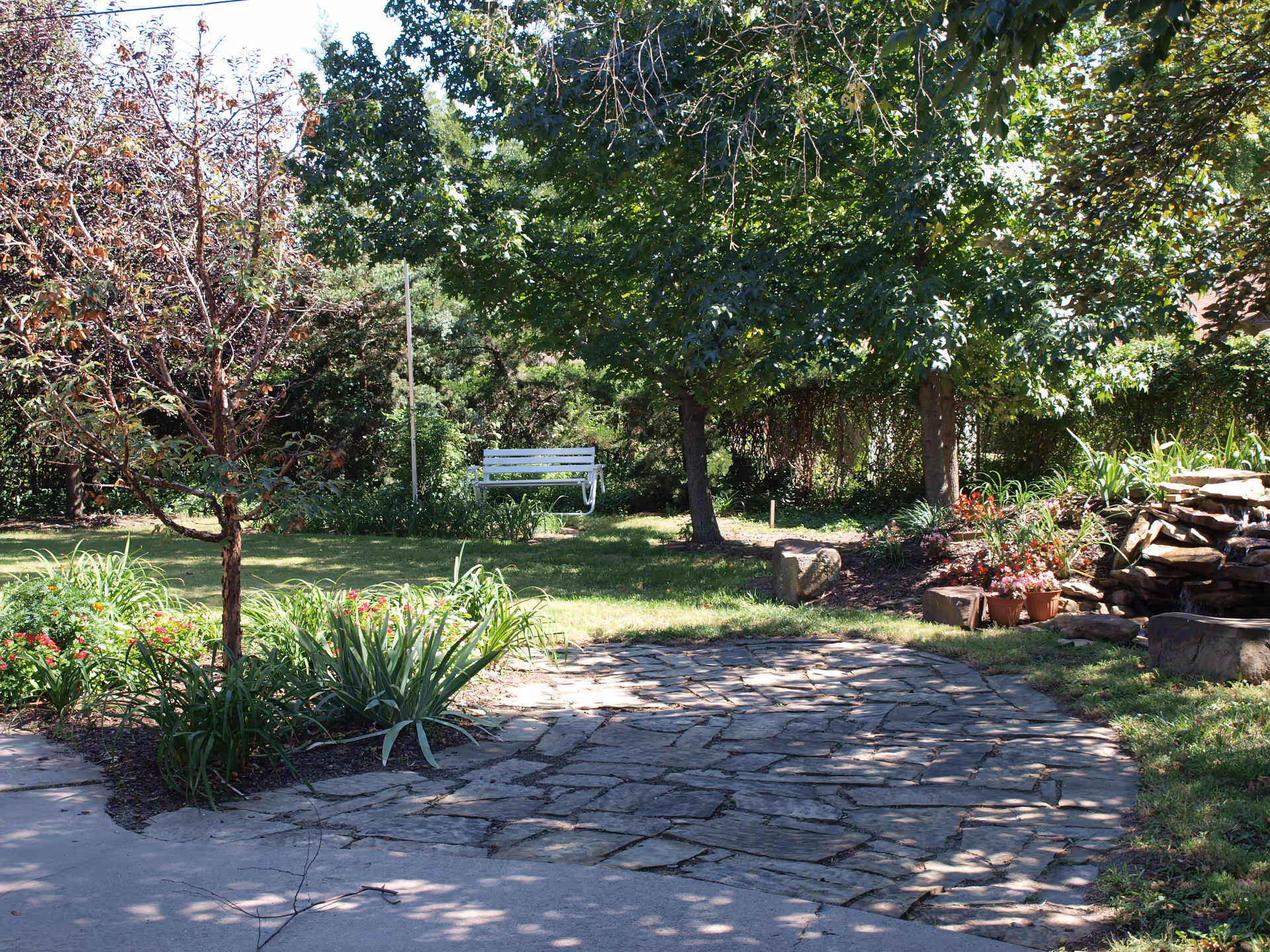 A peaceful outdoor garden area with a stone-paved patio, green grass, various plants and flowers, several trees providing shade, and a white bench in the background.