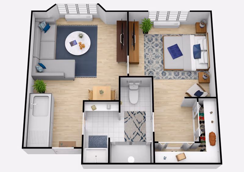 3D floor plan of a senior living apartment at Creston Village showing a living room with an L-shaped sofa and round coffee table, a bedroom with a bed and two nightstands, a bathroom with a toilet and bathtub, a small dining area with a table and chairs, and a closet area with shelves and hanging space.