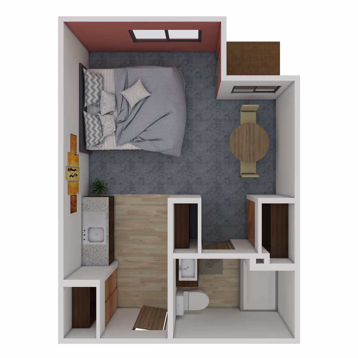 Top-down view of a studio apartment floor plan featuring a bedroom area with a bed and pillows, a small dining area with a round table and two chairs, a kitchenette with a sink and cabinets, a bathroom with a toilet, sink, and bathtub, and a small balcony outside the dining area.