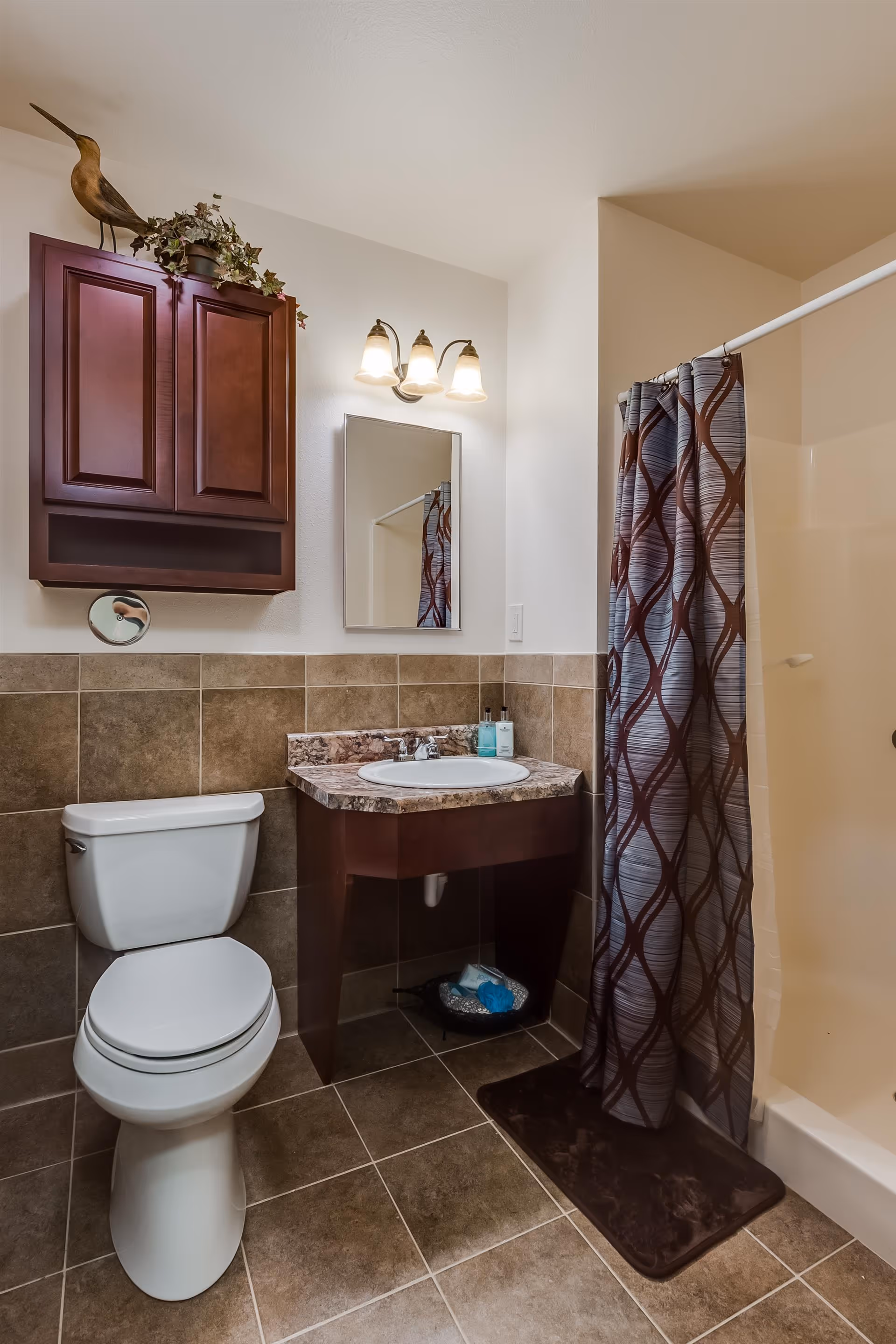 A bathroom with a white toilet, a wooden vanity with a marble countertop and a sink, a wall-mounted mirror above the sink, a three-light fixture above the mirror, a shower with a patterned curtain, and a wooden cabinet mounted on the wall with a decorative bird sculpture and a plant on top.