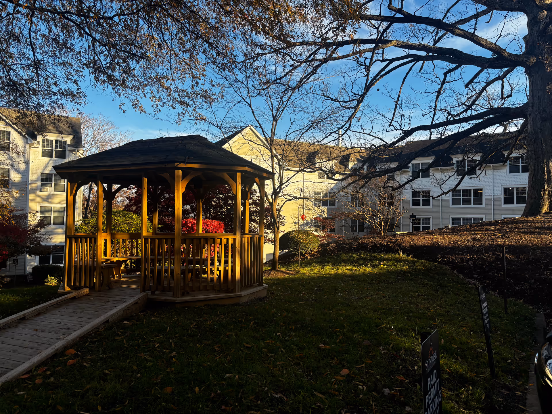 A wooden gazebo with a shingled roof is situated in a grassy outdoor area with a wooden ramp leading up to it. Surrounding the gazebo are trees with bare branches and some colorful bushes. In the background, there is a multi-story residential building with white and beige siding and multiple windows. The scene is lit by warm sunlight under a clear blue sky.