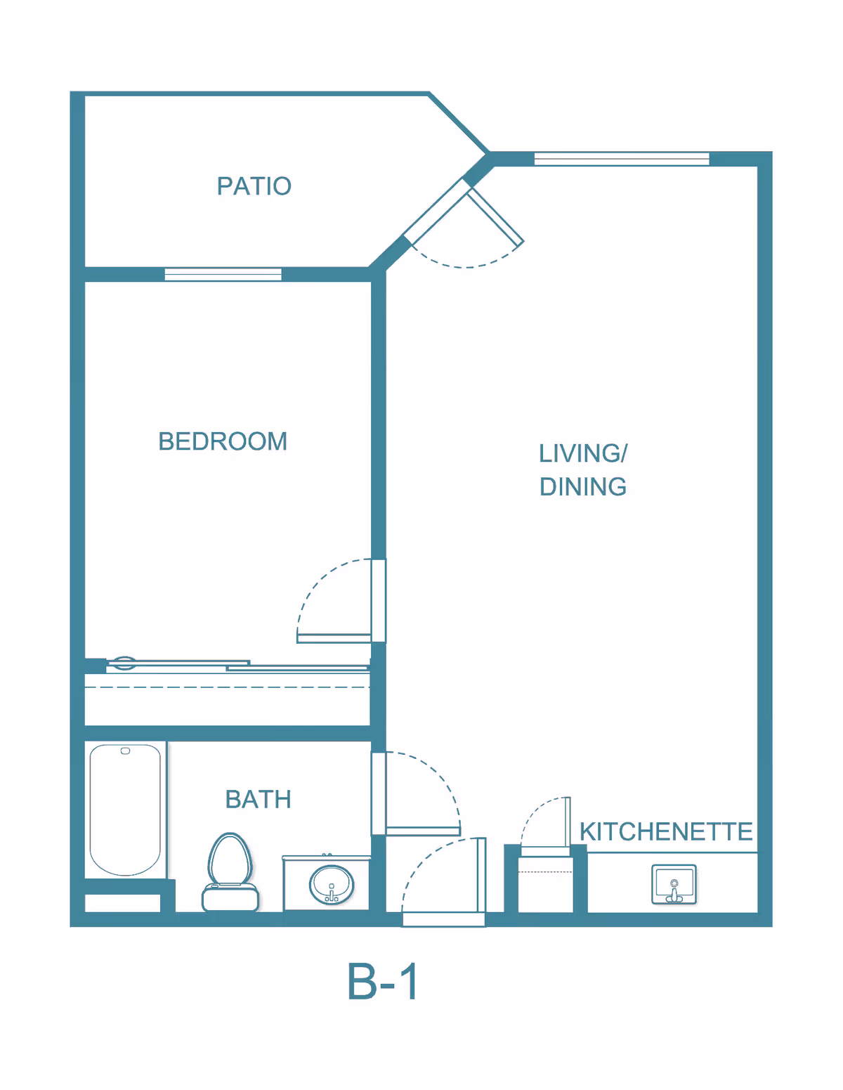 Floor plan labeled B-1 showing a layout with a bedroom, bath, kitchenette, living/dining area, and a patio. The bath includes a bathtub, toilet, and sink. The kitchenette has a sink. Doors and windows are indicated.